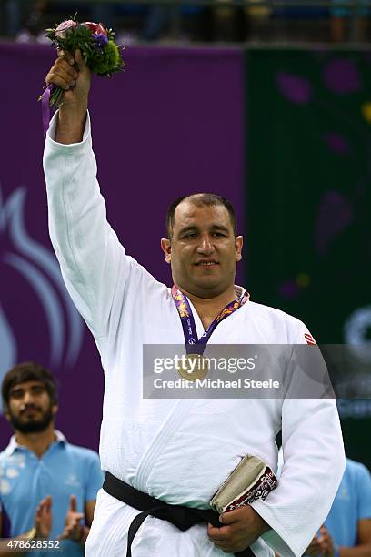 Gold medalist Ilham Zakiyev of Azerbaijan celebrates with the medal won in the Men's Visually Impaired finals during day fourteen of the Baku 2015...