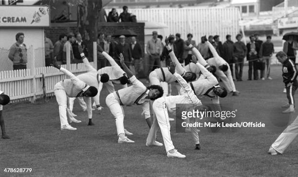 May 1984 West Indies touring cricket squad at Lord's warming up with some stretching exercises.