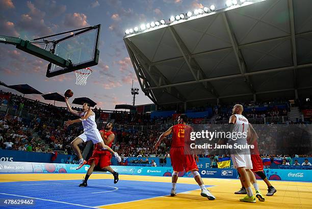 General view of the action during the Men's 3x3 Basketball gold medal match between Russia and Spain on day fourteen of the Baku 2015 European Games...