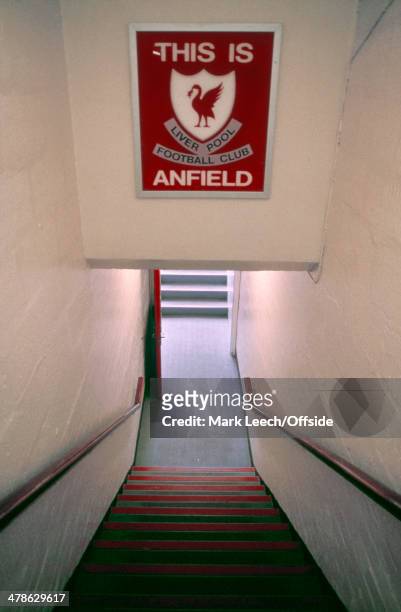 April 1990 - Football League Division One - Liverpool v Nottingham Forest - The stairs down the tunnel that lead out onto the pitch at Anfield.