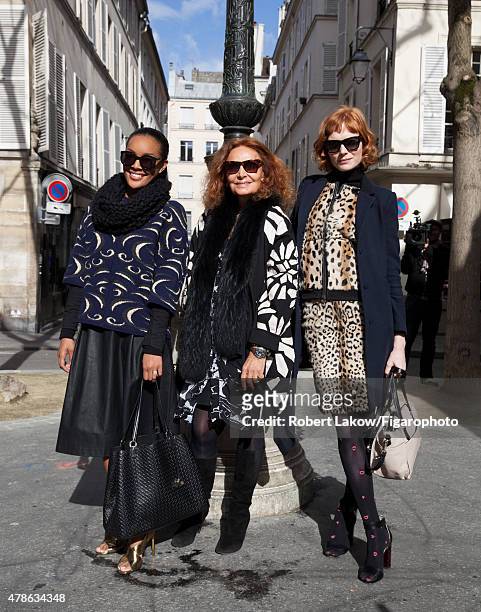 Global Brand Ambassador, Brittany Hampton, fashion designer Diane von Furstenberg and DVF Style Editor, Jessica Joffe are photographed for Madame...