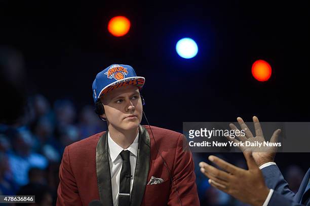 New York Knicks pick Kristaps Porzingis. 2015 NBA Draft at Barclays Center, Brooklyn, NY.