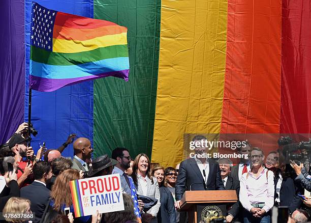 Gavin Newsom, lieutenant governor of California, speaks during a news conference outside City Hall after the U.S. Supreme Court same-sex marriage...