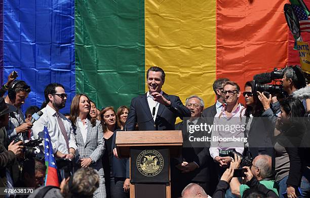 Gavin Newsom, lieutenant governor of California, speaks during a news conference outside City Hall after the U.S. Supreme Court same-sex marriage...