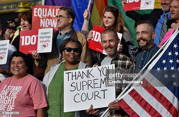 Supporters of same-sex marriage celebrate outside of City Hall after the U.S. Supreme Court ruling in San Francisco, California, U.S., on Friday,...