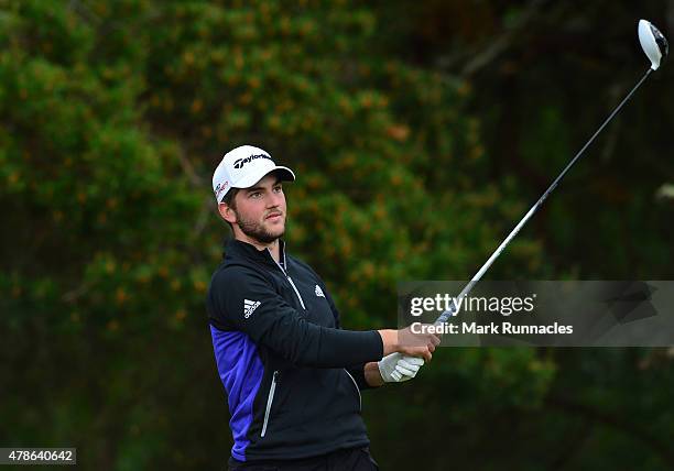 Bradley Neil of Scotland in action on the 9th tee during the second round of the 2015 SSE Scottish Hydro Challenge at the MacDonald Spey Valley...