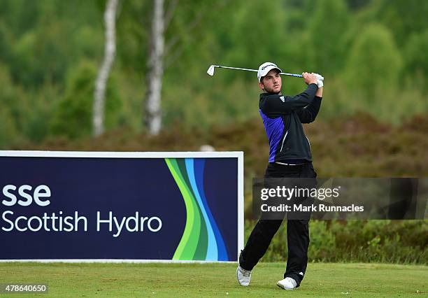 Bradley Neil of Scotland in action on the 10th tee during the second round of the 2015 SSE Scottish Hydro Challenge at the MacDonald Spey Valley...