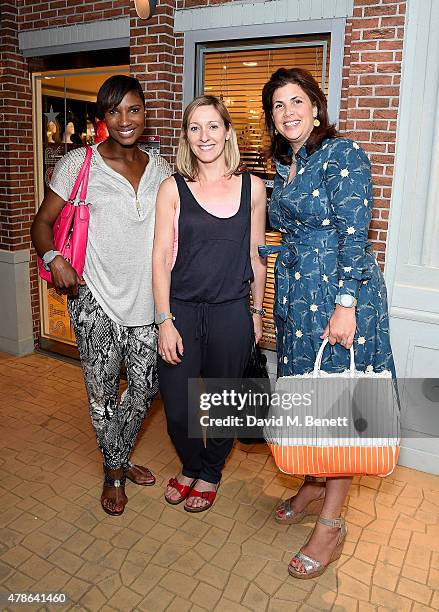 Denise Lewis and Kirstie Allsopp with guest attending a tea party to celebrate the launch of KidZania London at Westfield London on June 26, 2015 in...