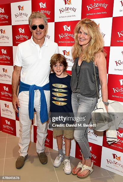 John Frieda, son Jackson John and wife Frances Avery Agnelli attend a tea party to celebrate the launch of KidZania London at Westfield London on...