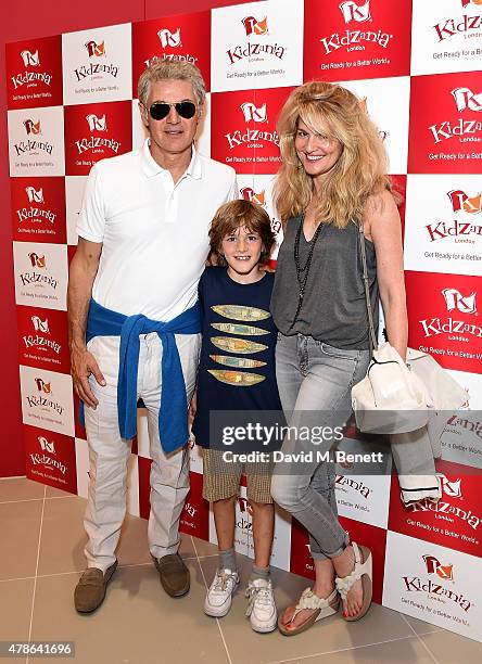 John Frieda, son Jackson John and wife Frances Avery Agnelli attend a tea party to celebrate the launch of KidZania London at Westfield London on...