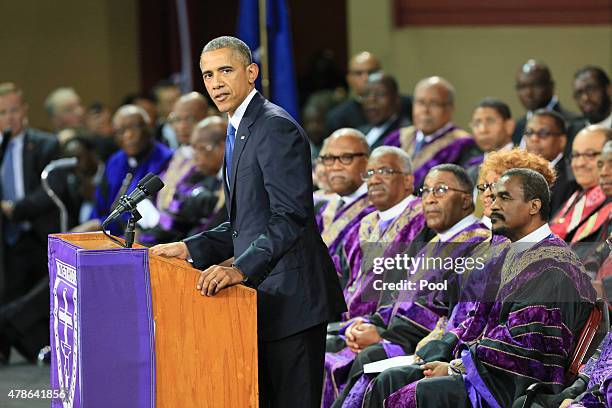 President Barack Obama delivers the eulogy for Sen. Clementa Pinckney, who was killed during the mass shooting at the Emanuel African Methodist...