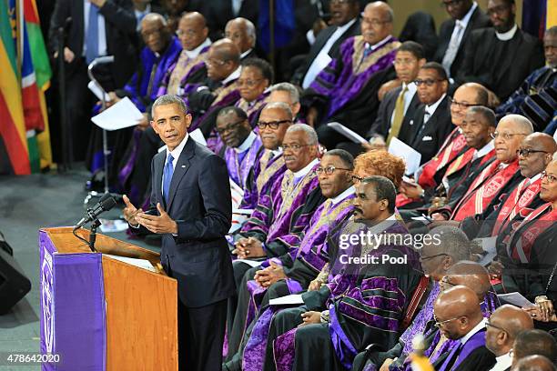 President Barack Obama delivers the eulogy for Sen. Clementa Pinckney, who was killed during the mass shooting at the Emanuel African Methodist...