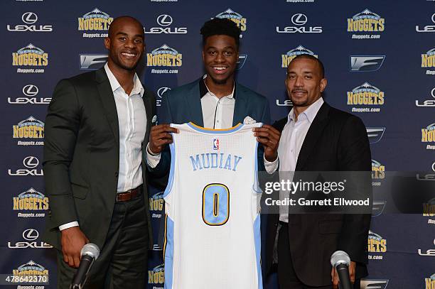 The seventh selection in the 2015 NBA Draft Emmanuel Mudiay of the Denver Nuggets poses for a photo during a press conference on June 26, 2015 at the...