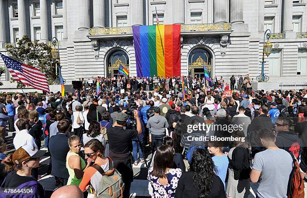 Supporters gather for a news conference outside City Hall after the U.S. Supreme Court same-sex marriage ruling in San Francisco, California, U.S.,...