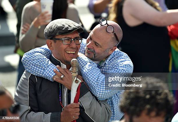 Supporters celebrate outside City Hall after the U.S. Supreme Court same-sex marriage ruling in San Francisco, California, U.S., on Friday, June 26,...