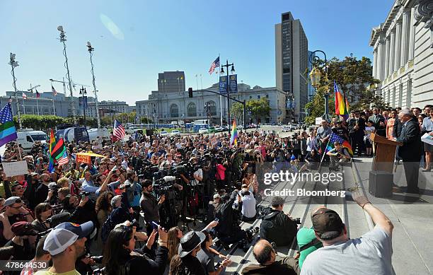 Ed Lee, mayor of San Francisco, speaks during a news conference outside City Hall after the U.S. Supreme Court same-sex marriage ruling in San...