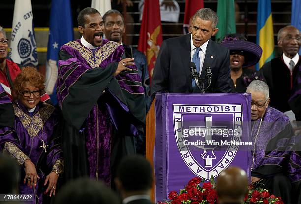 President Barack Obama sings "Amazing Grace" while delivering the eulogy for South Carolina state senator and Rev. Clementa Pinckney during...