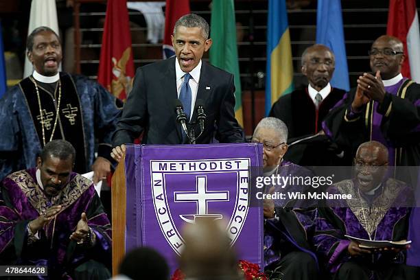 President Barack Obama delivers the eulogy for South Carolina state senator and Rev. Clementa Pinckney during Pinckney's funeral service June 26,...