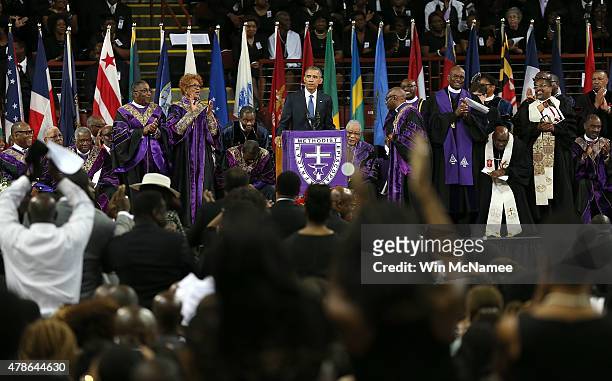 President Barack Obama delivers the eulogy for South Carolina state senator and Rev. Clementa Pinckney during Pinckney's funeral service June 26,...