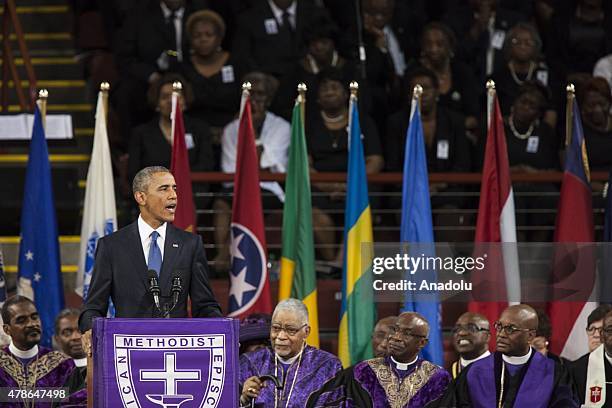 President Barack Obama gives the eulogy at the memorial service for Reverend Clementa Pinckney in Charleston, USA on June 26, 2015. Reverend Clementa...