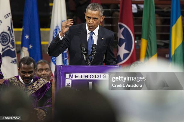 President Barack Obama gives the eulogy at the memorial service for Reverend Clementa Pinckney in Charleston, USA on June 26, 2015. Reverend Clementa...