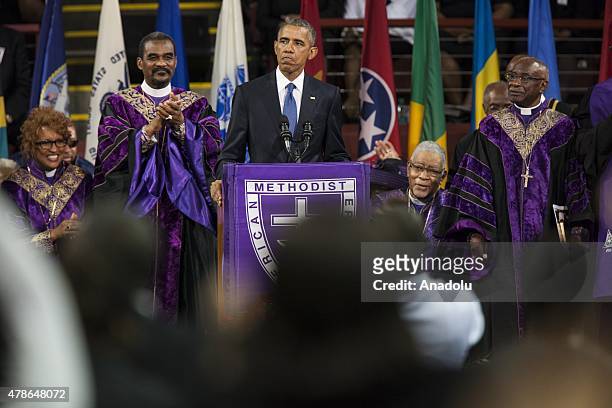 President Barack Obama gives the eulogy at the memorial service for Reverend Clementa Pinckney in Charleston, USA on June 26, 2015. Reverend Clementa...