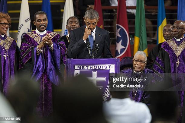 President Barack Obama gives the eulogy at the memorial service for Reverend Clementa Pinckney in Charleston, USA on June 26, 2015. Reverend Clementa...