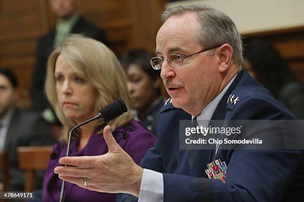 Air Force Chief of Staff Gen. Mark Welsh III and Air Force Secretary Deborah Lee James testifiy before the House Armed Services Committee during a...
