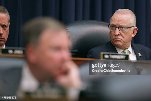 House Armed Services Committee Chairman Howard "Buck" McKeon runs a hearing about the Air Force's FY2015 budget request in the Rayburn House Office...