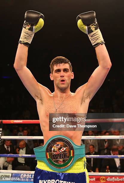 Rocky Fielding celebrates beating Bryan Vera during their WBC International Super Middleweight Championship contest at the Echo Arena on June 26,...
