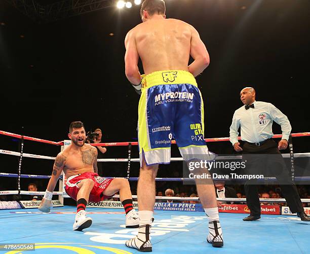 Rocky Fielding stands over Bryan Vera as he knocks him down in the first round during their WBC International Super Middleweight Championship contest...