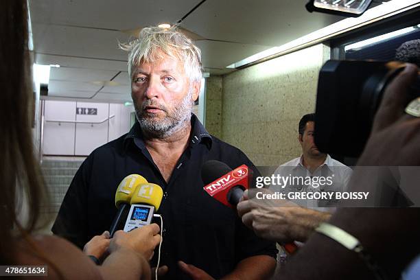 Swiss yachtsman Yvan Bourgnon addresses reporters upon his arrival at Tahiti airport on June 26 three days after his brother Swiss yachtsman Laurent...