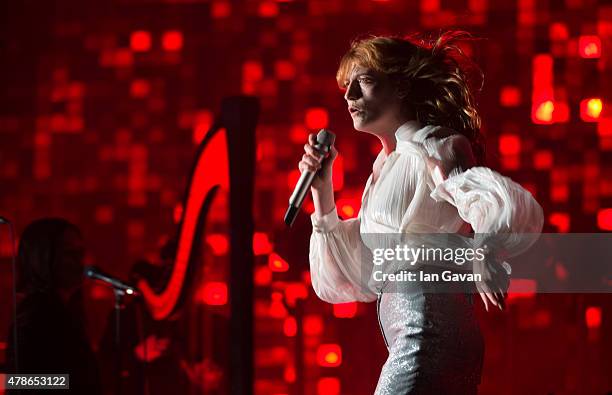 Florence Welch of Florence and the Machine performs on The Pyramid Stage during the Glastonbury Festival at Worthy Farm, Pilton on June 26, 2015 in...