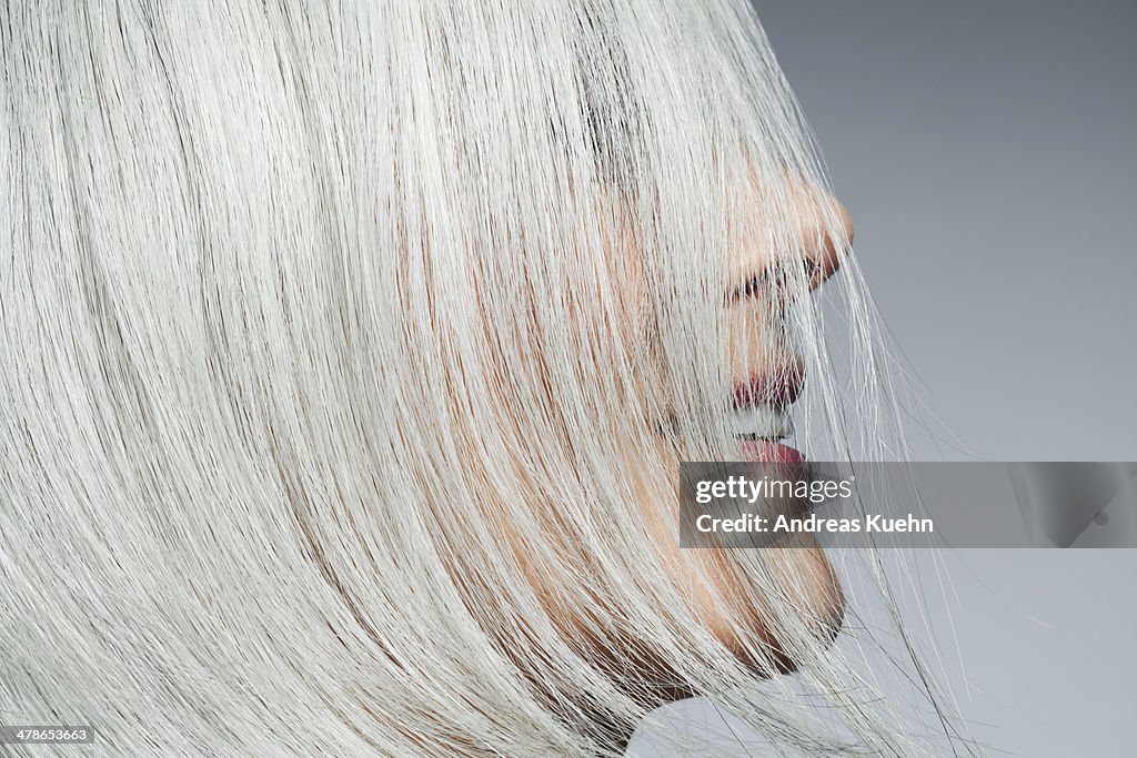 Grey haired woman profile with hair covering face.