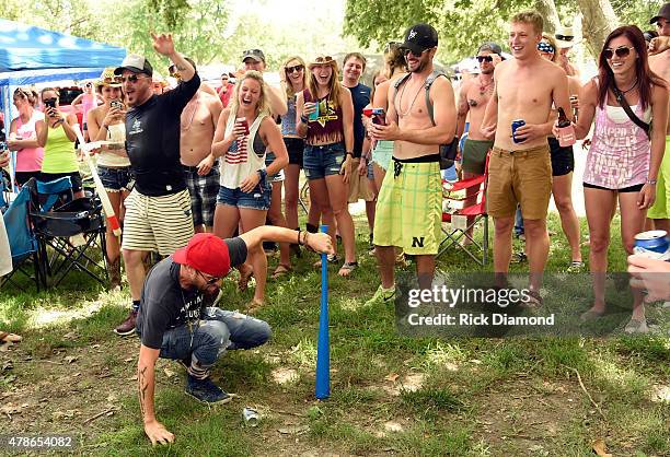 Singers/Songwriters LOCASH Chris Lucas and Preston Brust visit campers during Kicker Country Stampede - Day 2 on June 26, 2015 at Tuttle Creek State...