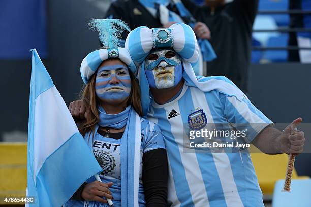 Fans of Argentina enjoy the atmosphere prior the 2015 Copa America Chile quarter final match between Argentina and Colombia at Sausalito Stadium on...