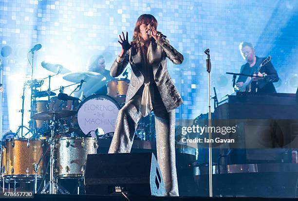 Florence Welch of Florence and the Machine performs on The Pyramid Stage during the Glastonbury Festival at Worthy Farm, Pilton on June 26, 2015 in...