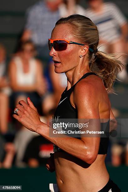 Shalane Flanagan competes in the Women's 10,000 meter run during day one of the 2015 USA Outdoor Track & Field Championships at Hayward Field on June...