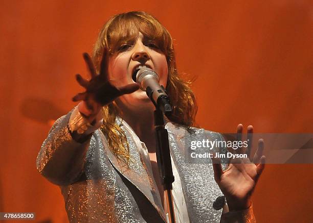 Florence Welch of Florence And The Machine performs live on the Pyramid stage during the first day of the Glastonbury Festival at Worthy Farm, Pilton...