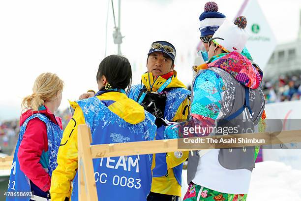 Japan Paralympic Biathlon head coach Hideki Arai appeals after the Biathlon Women's 12.5km Standing on day seven of the Sochi 2014 Paralympic Winter...