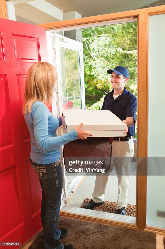 Pizza Delivery Man Delivering to Residential Home for Takeout Service