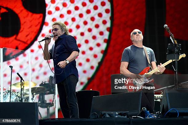 Singer Roger Daltrey and guitarist Pete Townshend of The Who perform at the Barclaycard British Summertime gigs at Hyde Park on June 26, 2015 in...