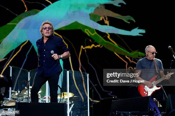 Singer Roger Daltrey and guitarist Pete Townshend of The Who perform at the Barclaycard British Summertime gigs at Hyde Park on June 26, 2015 in...