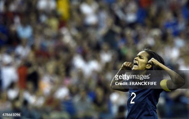 France's defender Wendie Renard reacts during the quarter-final football match between Germany and France in the 2015 FIFA Women's World Cup at the...