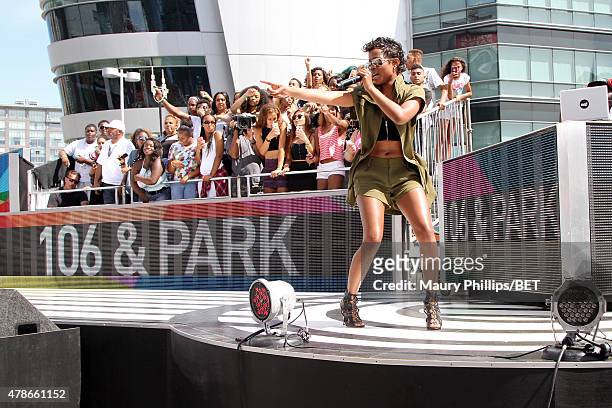 Recording artist DeJ Loaf performs onstage during 106 & Park with ESPN cross promotion Sports Center during the 2015 BET Experience at Nokia Plaza on...