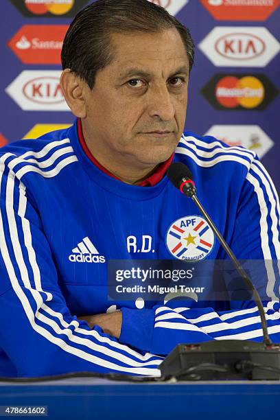 Ramon Diaz coach of Paraguay gestures during a press conference at Alcaldesa Ester Roa Rebolledo Municipal Stadium on June 26 2015 in Concepcion,...