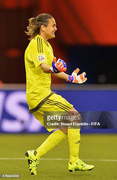 Nadine Angerer of Germany celebrates making her penalty save during the quarter final match of the FIFA Women's World Cup between Germany and France...