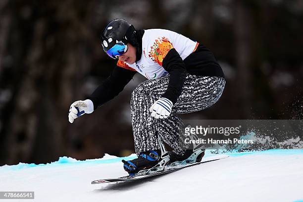 Matti Suur-Hamari of Finland competes during the Men's Para Snowboard Cross Standing on day seven of the Sochi 2014 Paralympic Winter Games at Rosa...