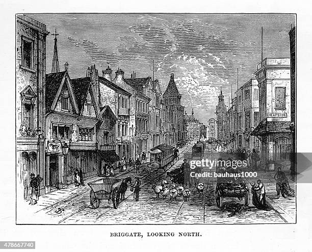 briggate, england in the early 18th century victorian engraving - leeds shopping stock illustrations