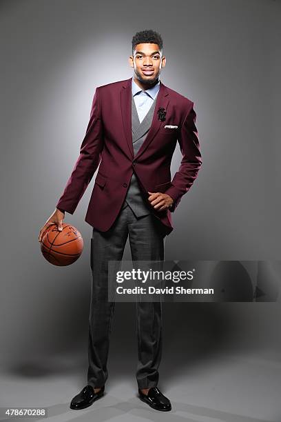 June 26: The First overall pick in the 2015 NBA Draft Karl-Anthony Towns of the Minnesota Timberwolves poses for a portrait on June 26, 2015 at the...